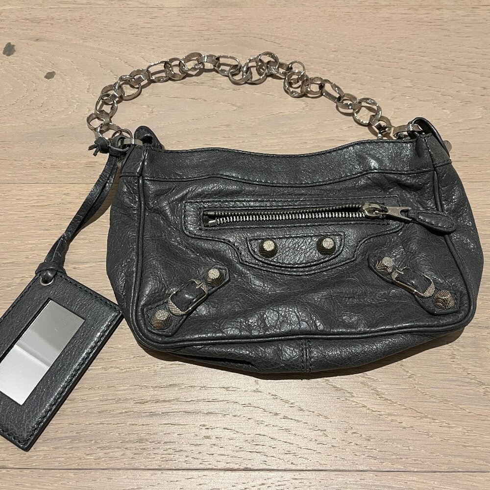 BALENCIAGA Gray Leather Bag with Chain Strap & Pocket Mirror